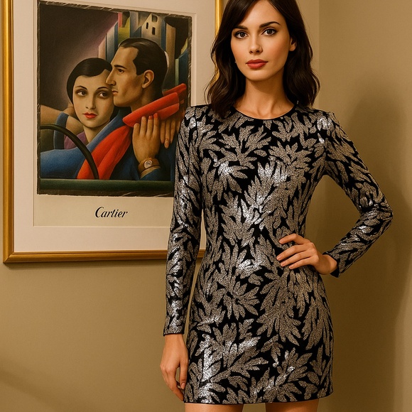 🆕🏷️  Aqua Black & Silver Sequin Long Sleeve Mini Dress – Bloomingdale’s - Picture 3 of 16